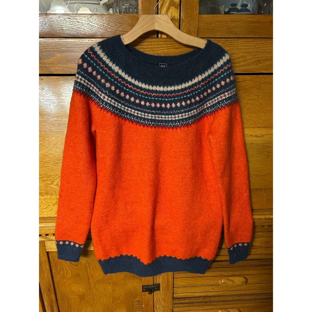 Gap Maternity Fair Isle Knit Sweater Orange Navy Blue Pullover Preppy Winter